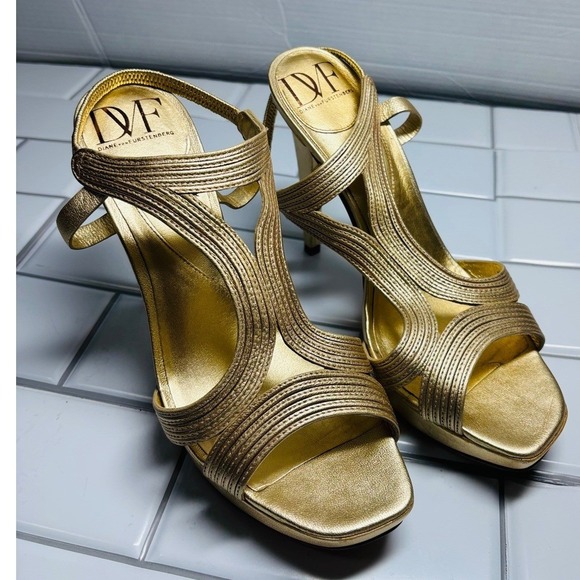Diane Von Furstenberg Shoes - Diane von Furstenberg Luna Gold Metallic Strappy Platform Stiletto Sandals 9M